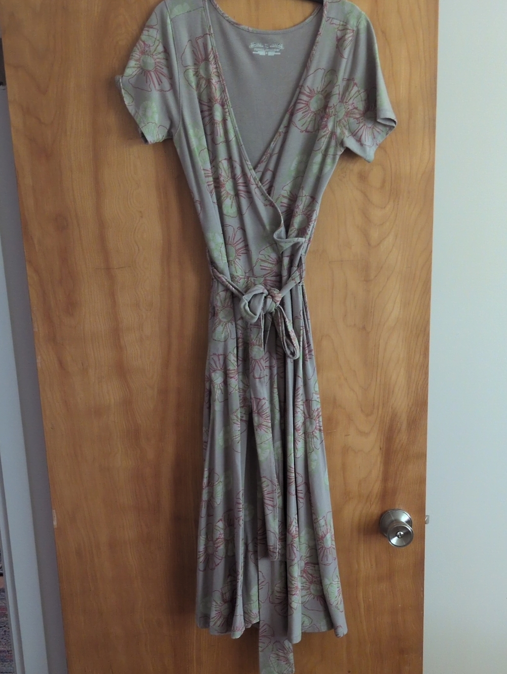 Royal Robbins Grey Floral Wrap Midi Dress with Pink And Green Accents
